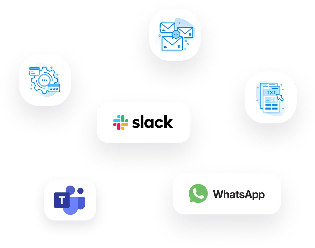Notification channels including email, text message, Slack, WhatsApp, and Microsoft Teams