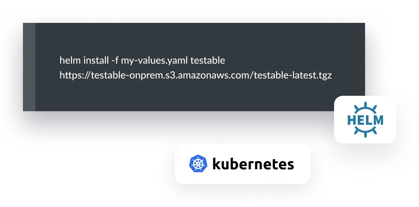 Terminal running helm install with a values file and the Testable on-prem Helm package, next to the Helm and Kubernetes logos