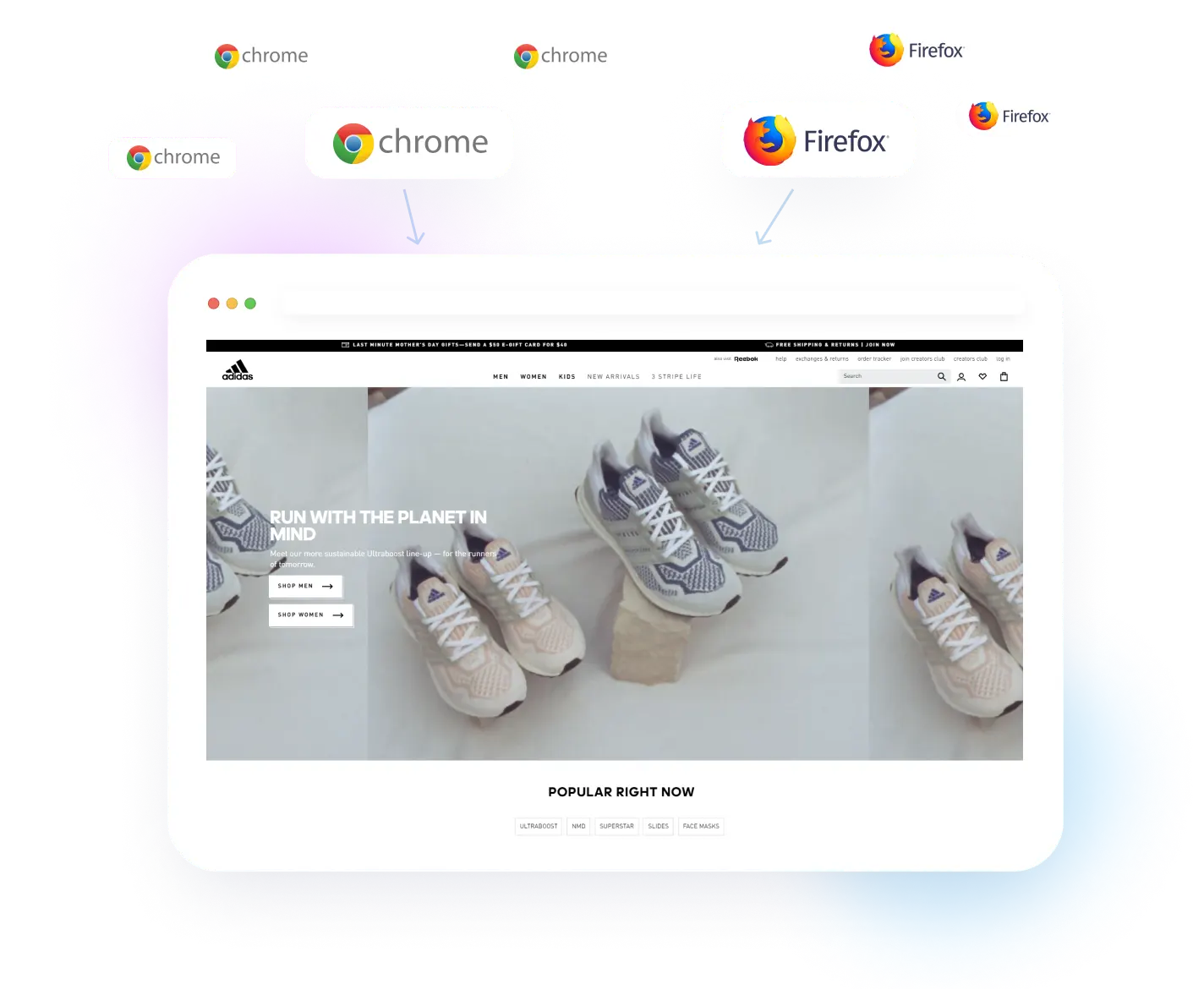 Web store running in real browsers, with Chrome and Firefox version labels