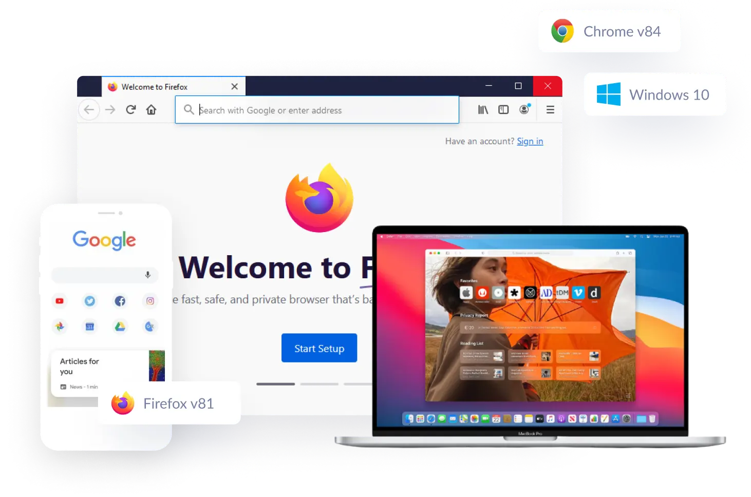 Firefox on Windows 10, Chrome on a mobile phone, and Safari on a MacBook, labeled Chrome v84, Firefox v81, and Windows 10