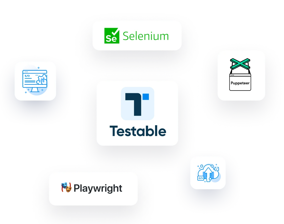 Testable logo surrounded by the Selenium, Puppeteer, and Playwright logos