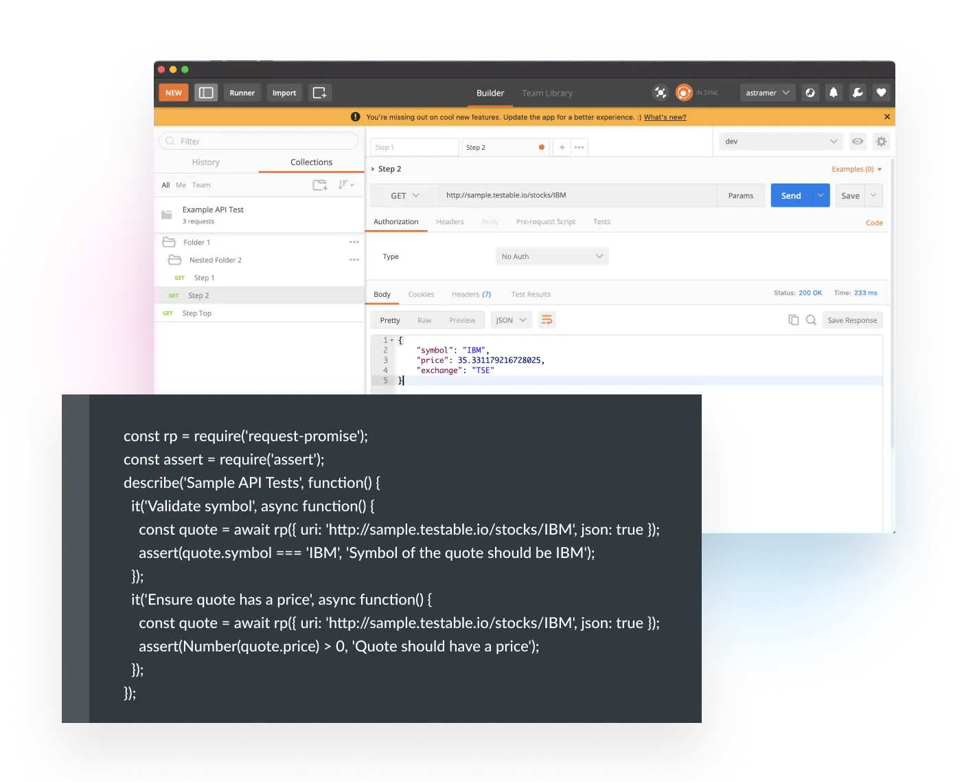 Postman request to a sample stocks API returning a JSON quote, in front of a MochaJS test that asserts the quote symbol and price