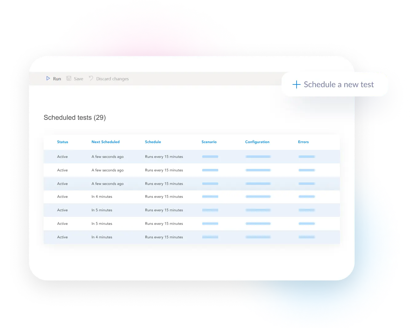 Scheduled tests list with active tests that run every 15 minutes and a button to schedule a new test