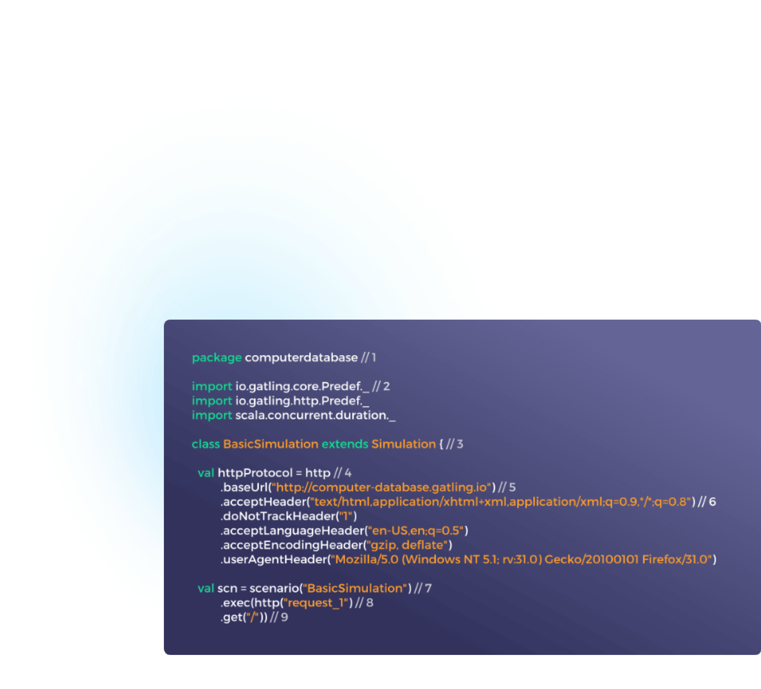 Gatling BasicSimulation written in Scala: an HTTP protocol with a base URL and headers, and a scenario that requests the home page