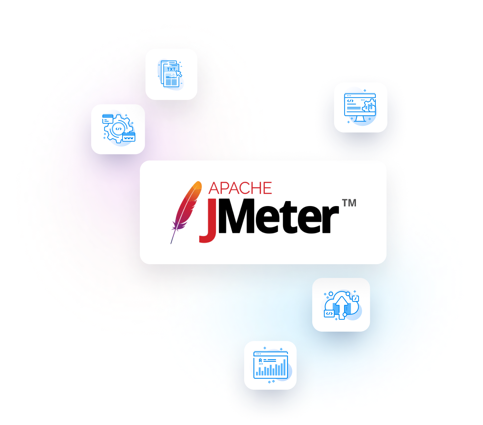 Apache JMeter logo surrounded by test script, upload, configuration, and report icons