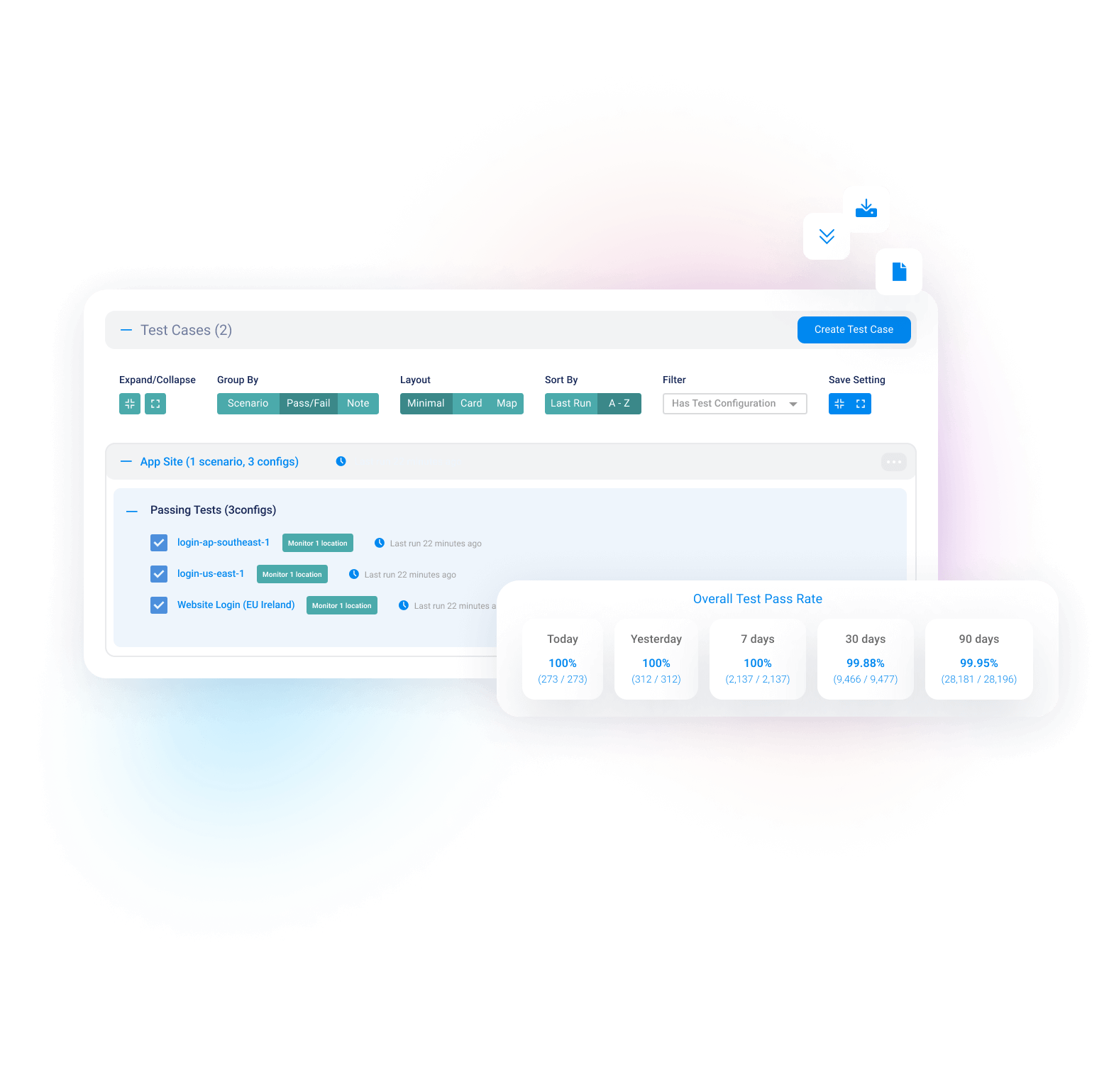 Testable test case dashboard with the overall pass rate and a table of test cases with pass rates and recent results