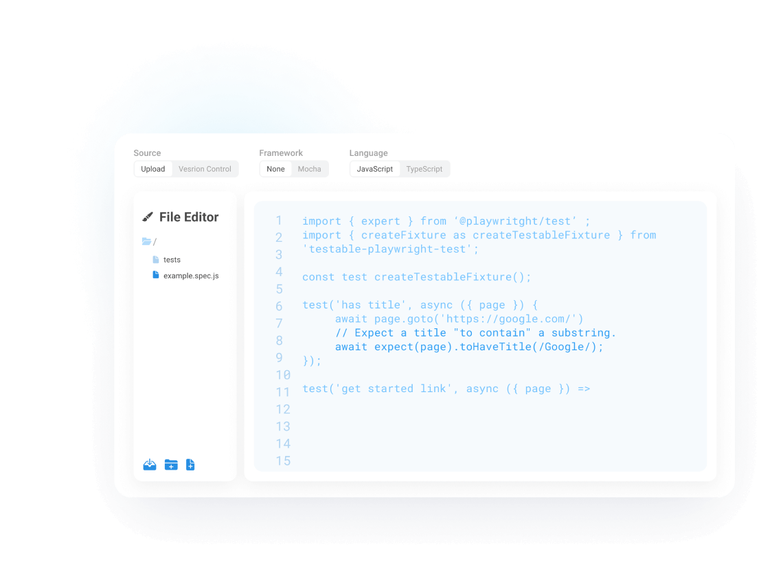 Testable file editor with a Playwright example.spec.js test open