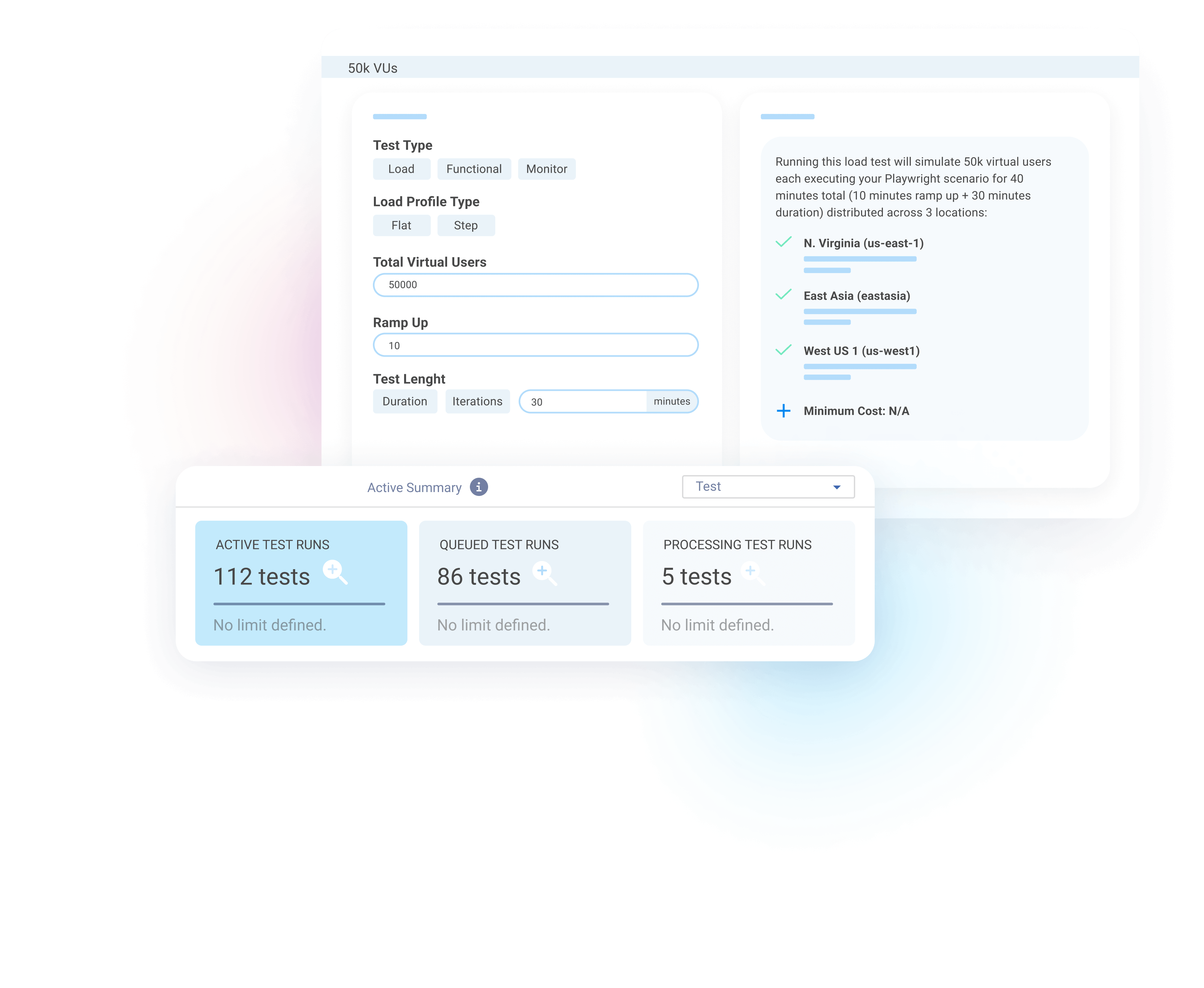 Load test configuration for a Playwright scenario with virtual users and regions, next to active summary cards showing 112 tests