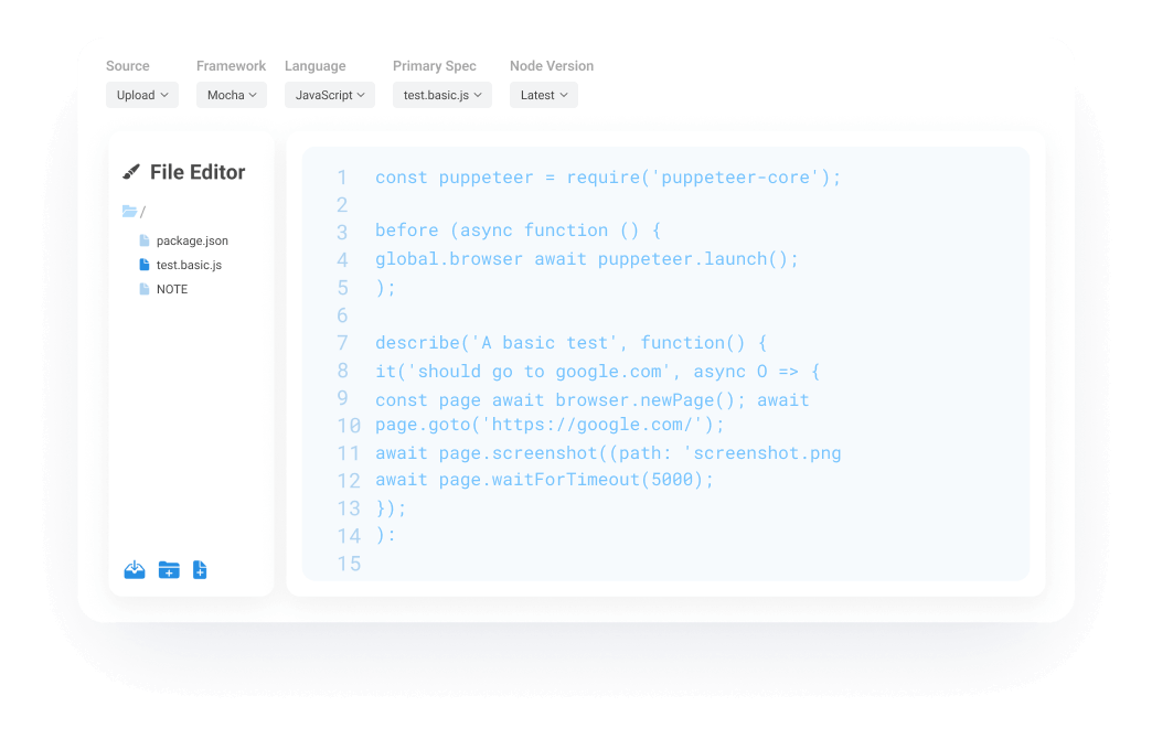 Testable file editor with a Mocha Puppeteer test, test.basic.js, that opens a page and takes a screenshot