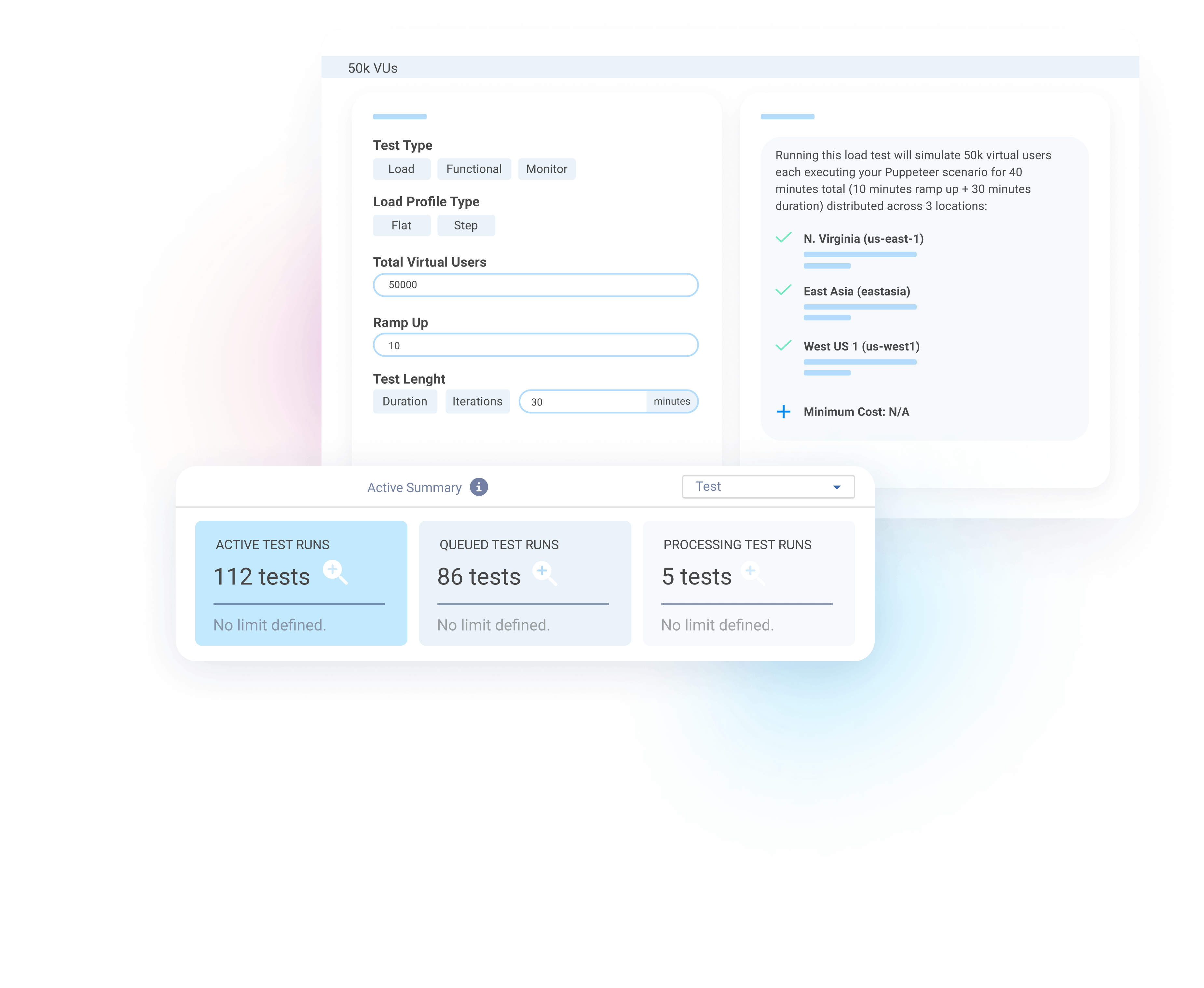 Load test configuration simulating 50,000 virtual users running a Puppeteer scenario across three regions, next to an active summary of active, queued, and processing test runs